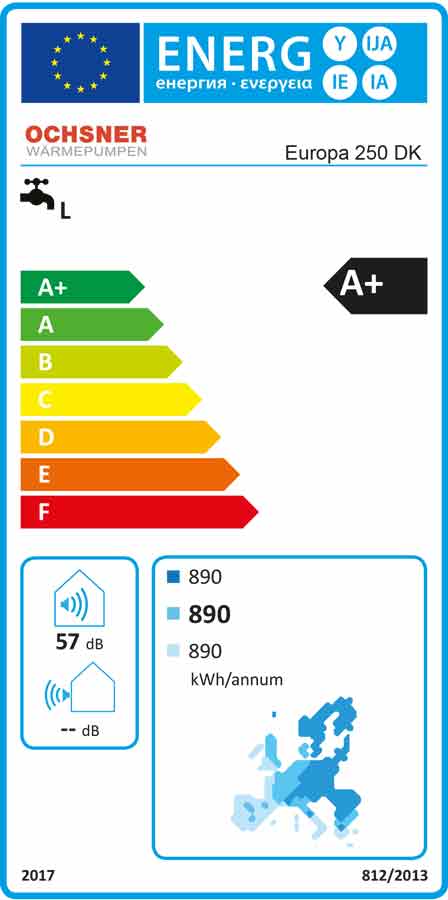 Ochsner Brauchwasserwärmepumpe mit Register Europa 250 DK Energielabel